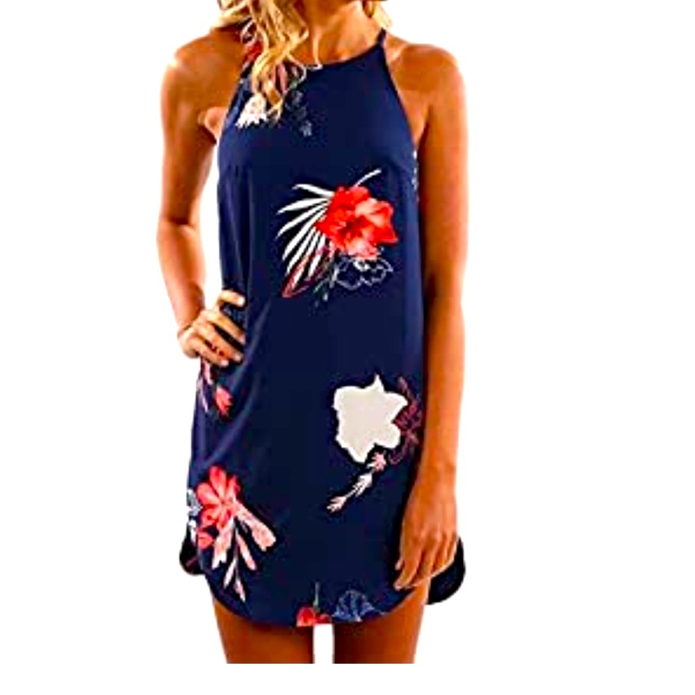 NWOT Womens Halter Palm Leaf Floral Casual Dresses Sleeveless Short Sund…
